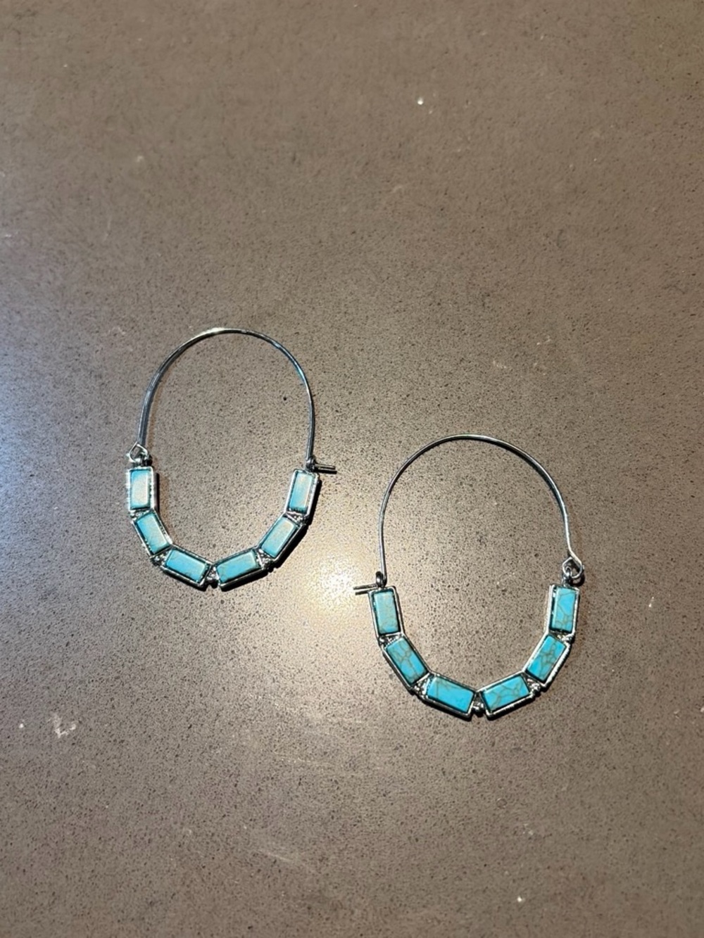 Time and Tru Silver Hoop Earrings with Turquoise Rectangular Stones